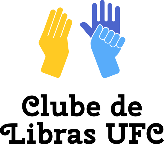 #PraCegoVer #PraTodosVerem: logotipo do projeto Clube de Libras UFC, o qual contém, à esquerda, uma mão amarela e, à direita, uma mão que se abre (a mão fechada é azul clara e a mão aberta azul escura), e o nome abaixo da ilustração. Estas duas mãos fazem o sinal do projeto em Libras – clique AQUI